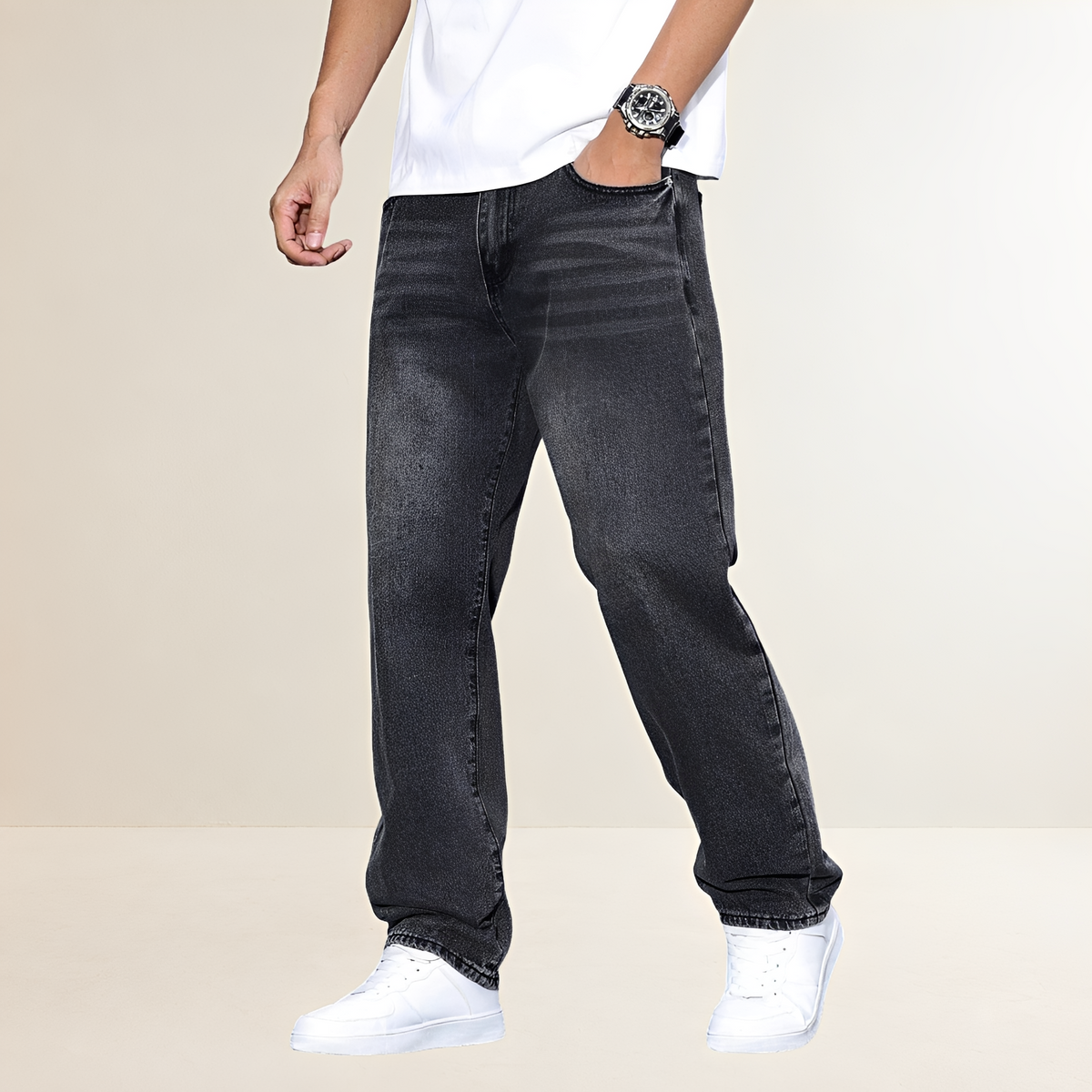 Jeans homme coupe droite style décontracté taille mi-haute
