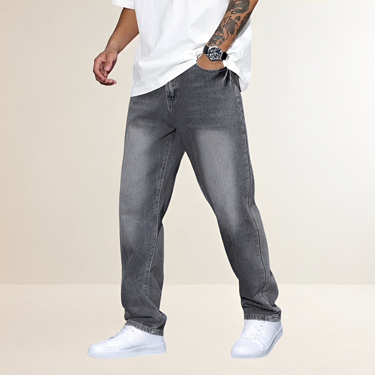 Jeans homme coupe droite style décontracté taille mi-haute