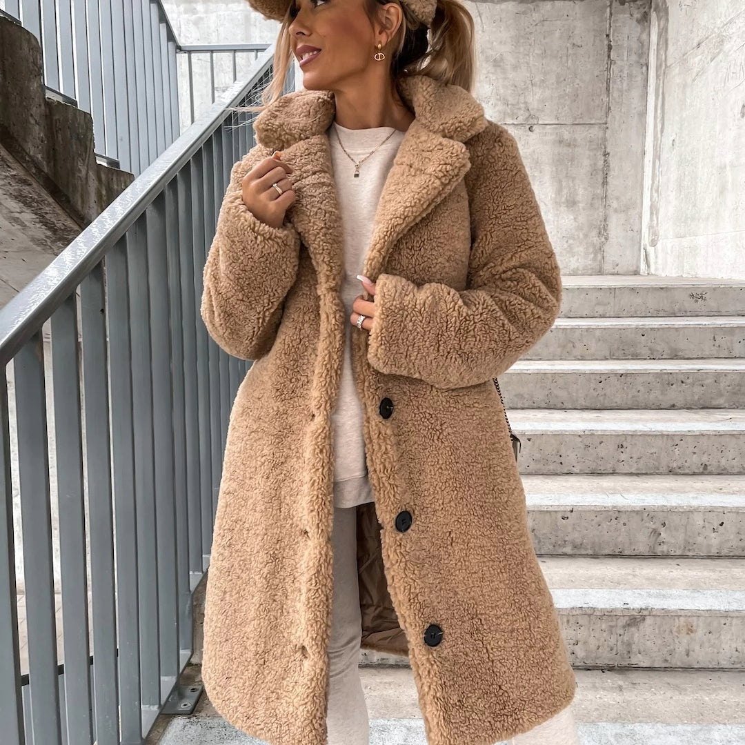 Manteau long effet mouton pour femme, coupe oversize – Fermeture boutonnée, col, coupe décontractée