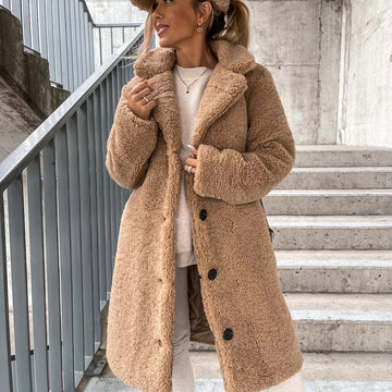 Manteau long effet mouton pour femme, coupe oversize – Fermeture boutonnée, col, coupe décontractée