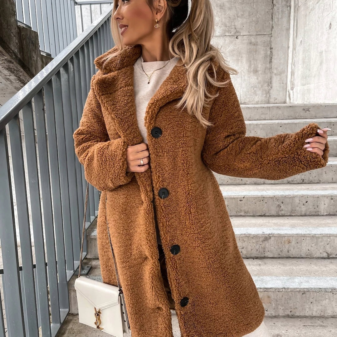 Manteau long effet mouton pour femme, coupe oversize – Fermeture boutonnée, col, coupe décontractée