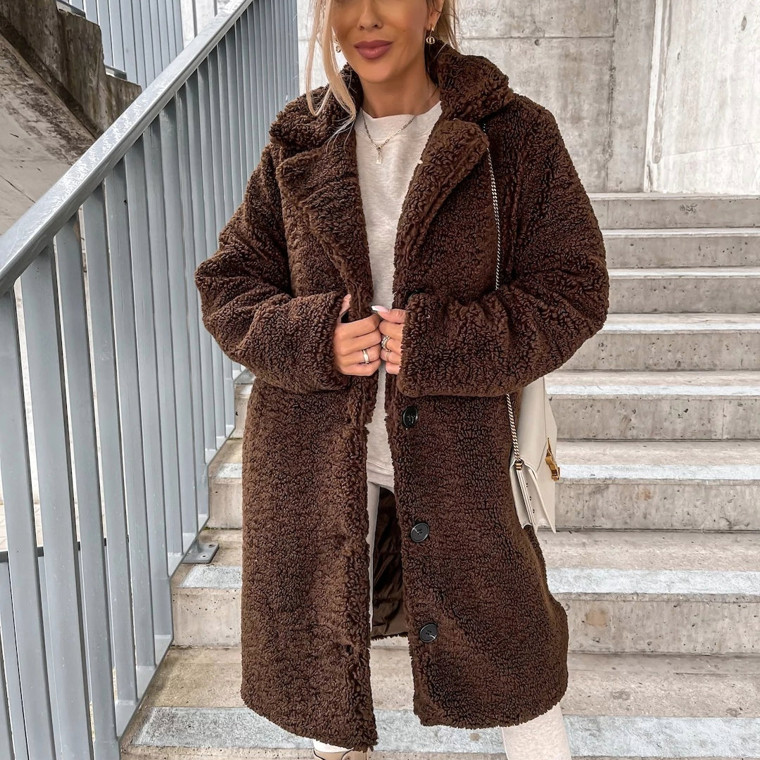 Manteau long effet mouton pour femme, coupe oversize – Fermeture boutonnée, col, coupe décontractée