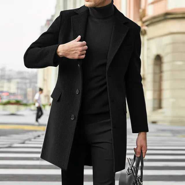 Manteau long pour homme – Pardessus droit avec col à revers et poches à rabat