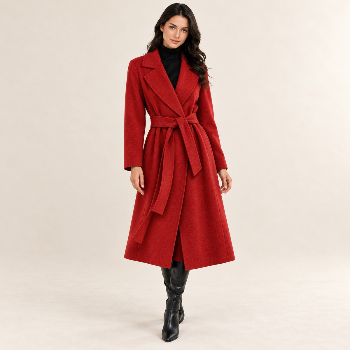 Manteau ceinturé pour femme à revers en notched, coupe en A, longueur longue