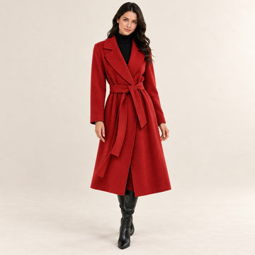 Manteau ceinturé pour femme à revers en notched, coupe en A, longueur longue