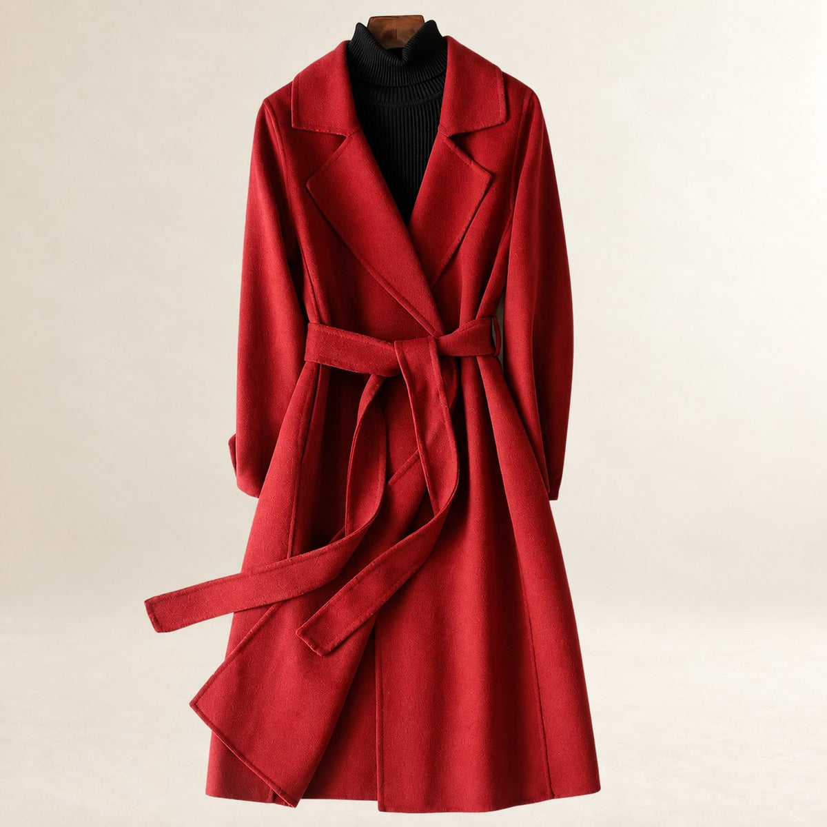 Manteau ceinturé pour femme à revers en notched, coupe en A, longueur longue