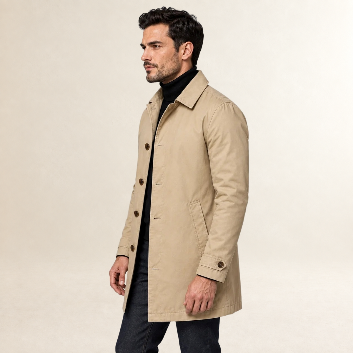 Manteau homme ajusté à boutons et poches fonctionnelles, coupe longue