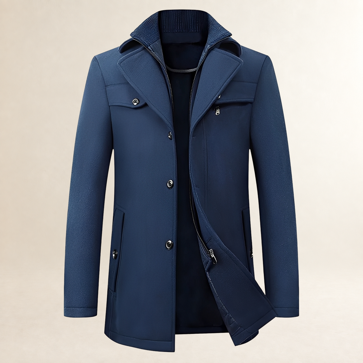 Manteau homme coupe mi-longue à col à revers, fermeture bouton et poches à rabat
