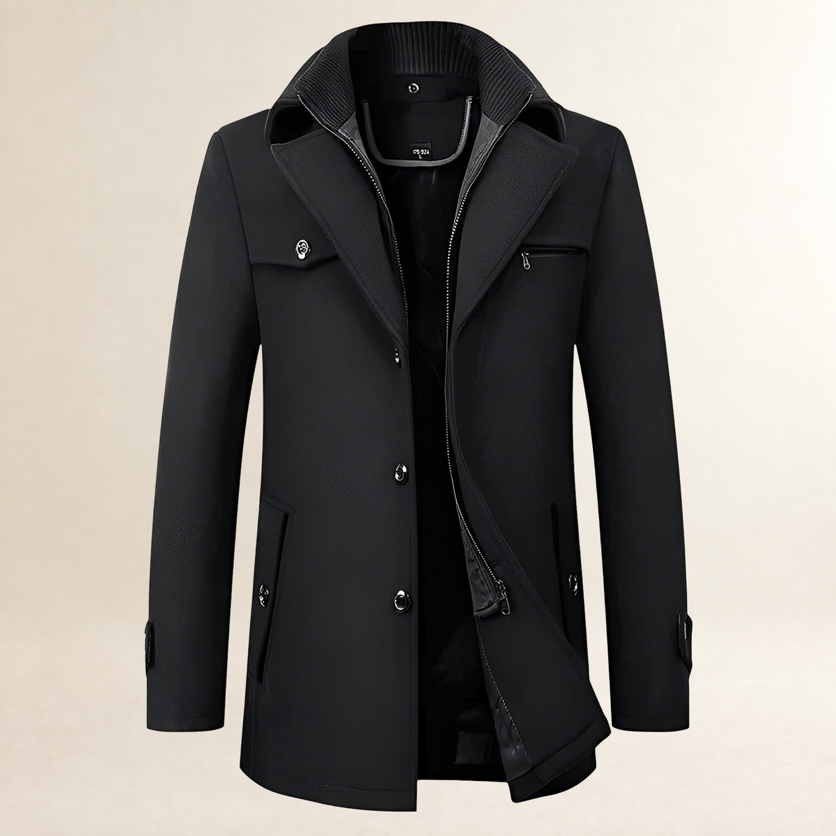 Manteau homme coupe mi-longue à col à revers, fermeture bouton et poches à rabat