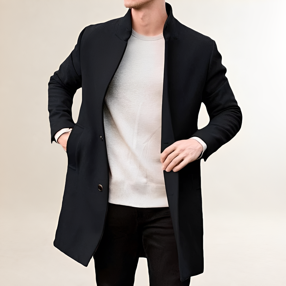 Manteau homme mi-long à col montant simple boutonnage - Vêtement d'extérieur décontracté