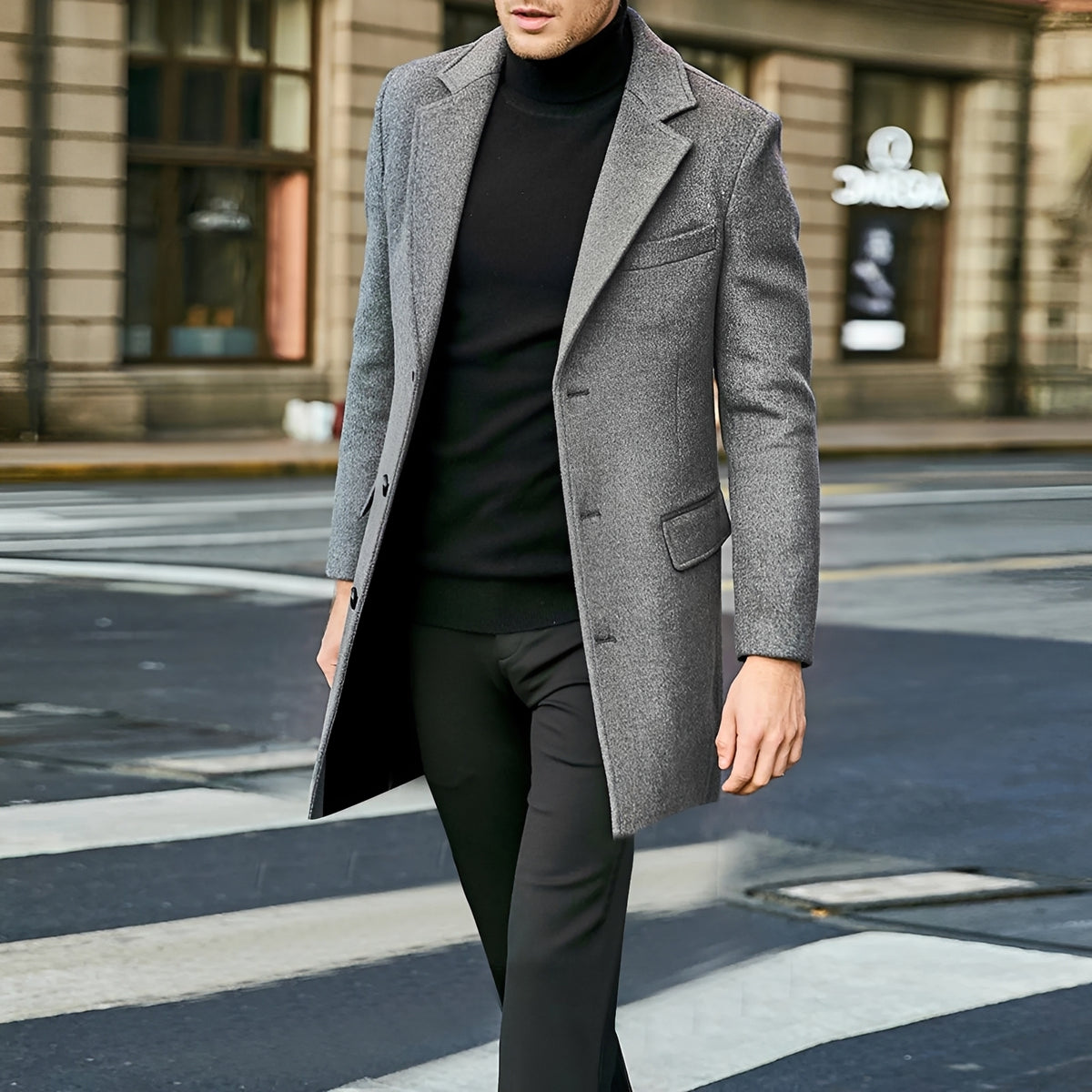 Manteau long homme à col noté à simple boutonnage et poches à rabat