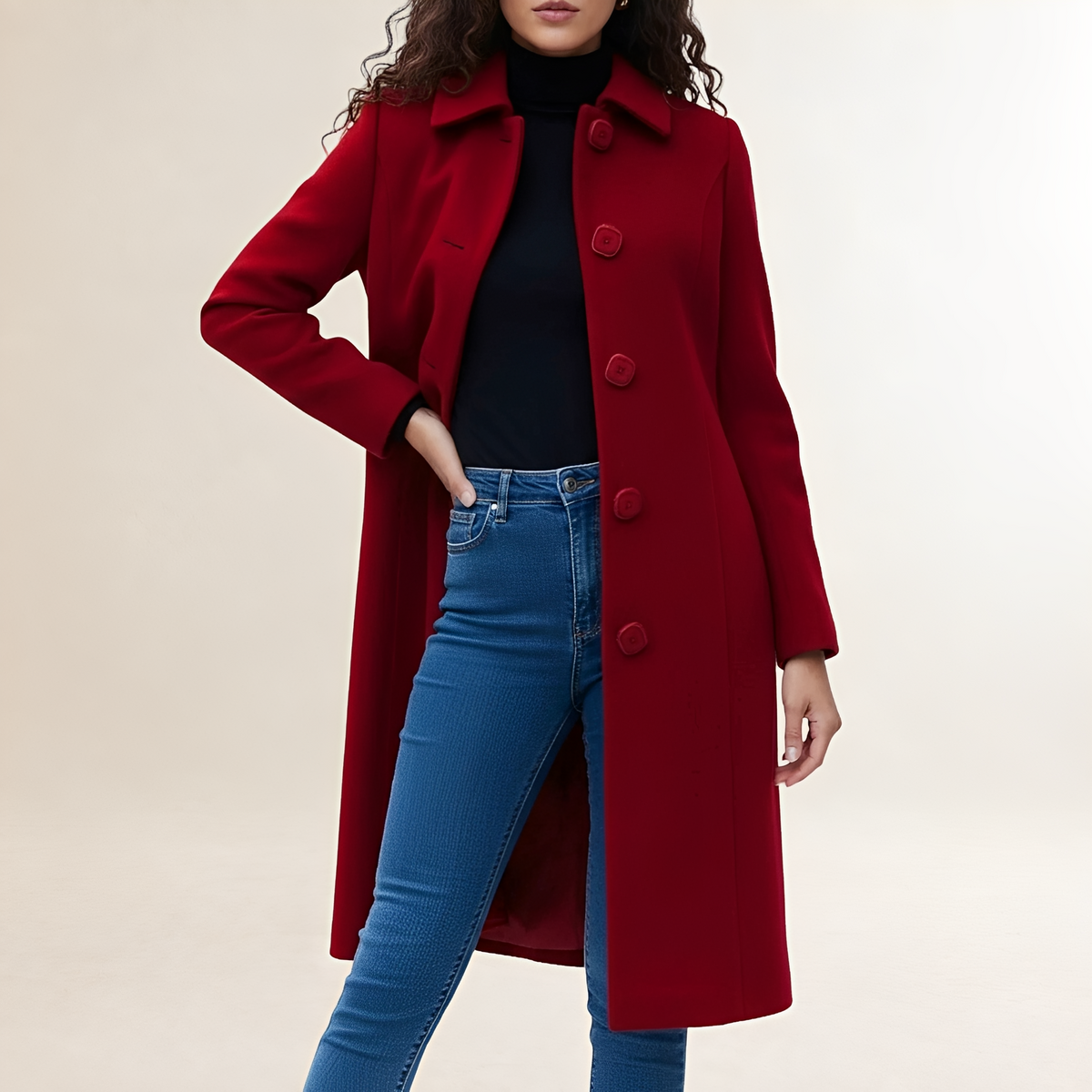 Manteau long pour femme à col classique, fermeture à boutons, coupe évasée
