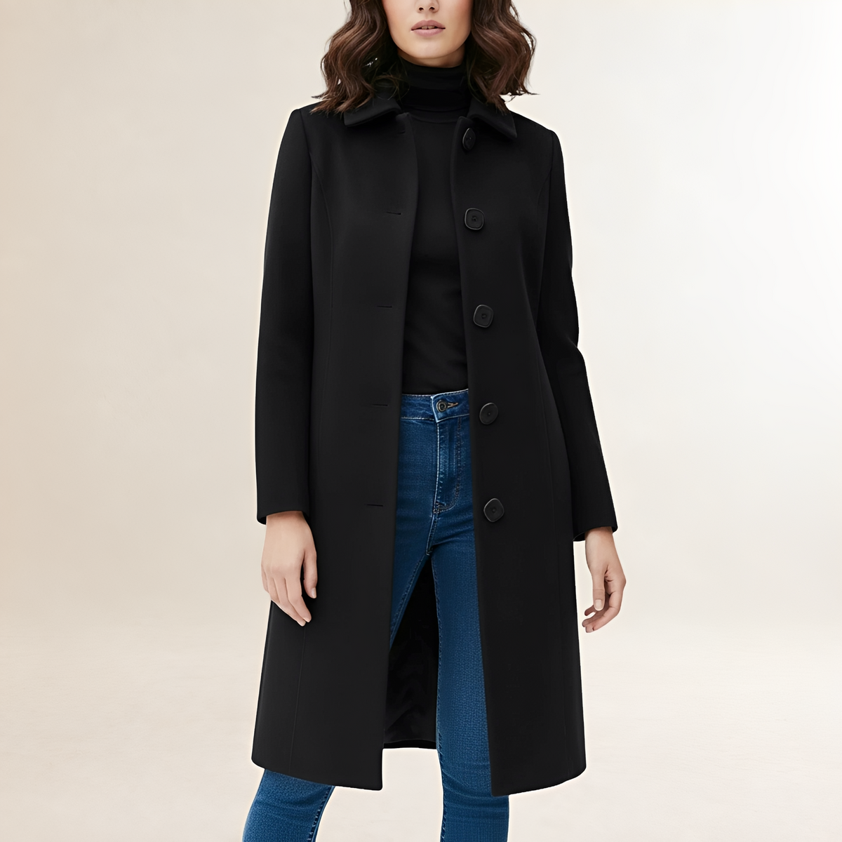 Manteau long pour femme à col classique, fermeture à boutons, coupe évasée