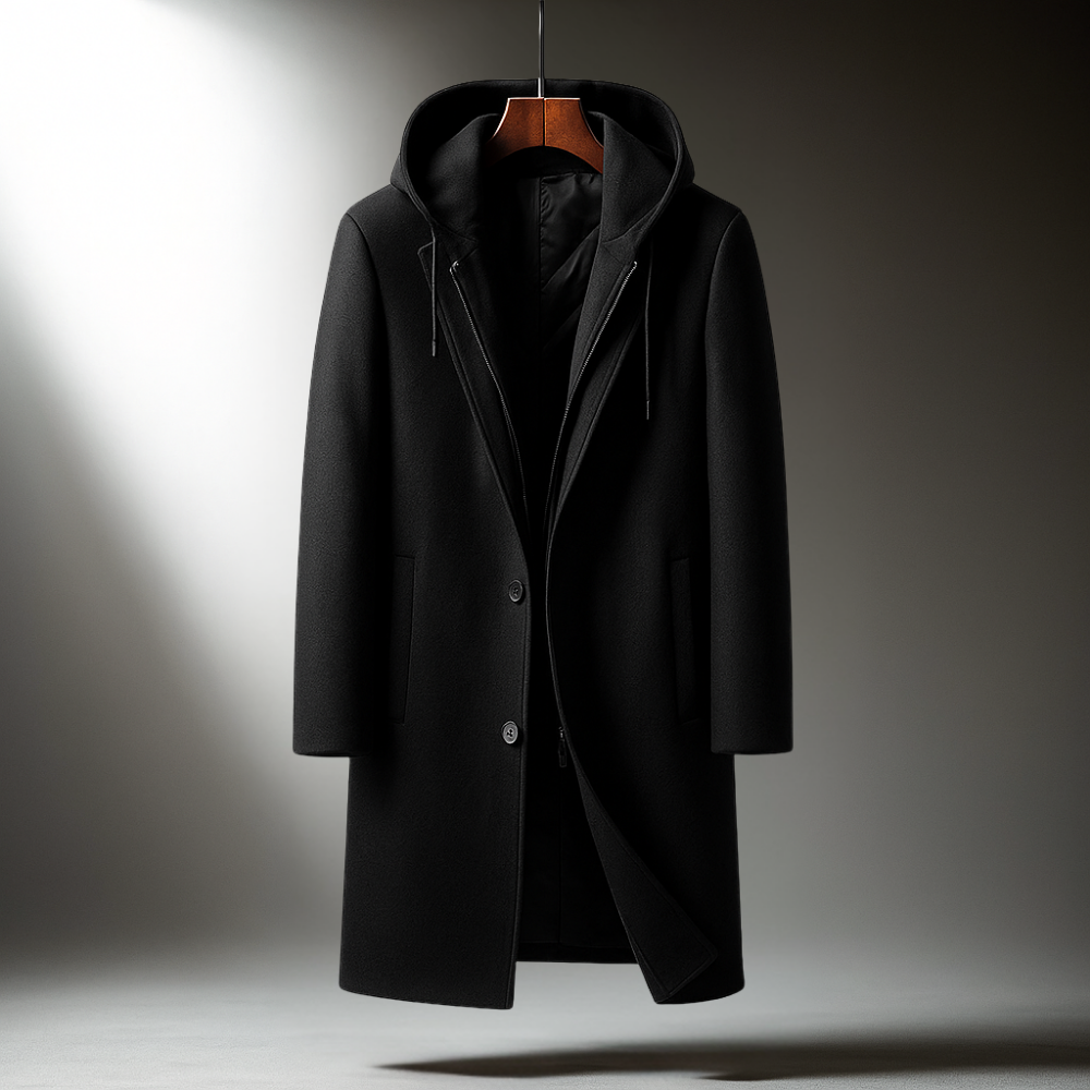 Manteau long pour homme - Capuche, fermeture à boutons, coupe ajustée