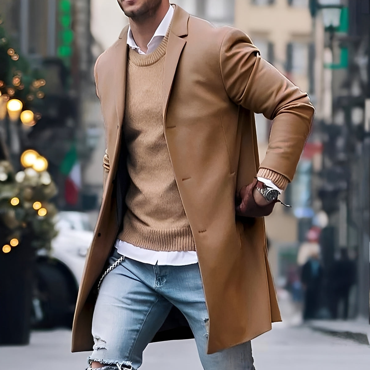 Manteau mi-long homme à col à revers et coupe ajustée