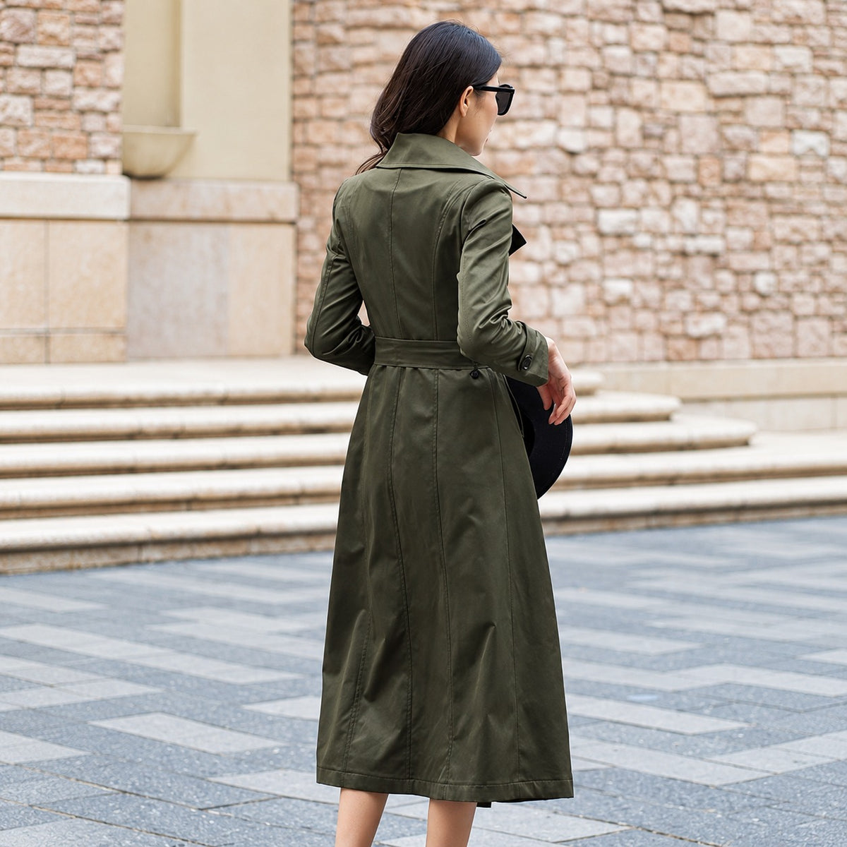Manteau trench femme long à double boutonnage et ceinture - col à notches