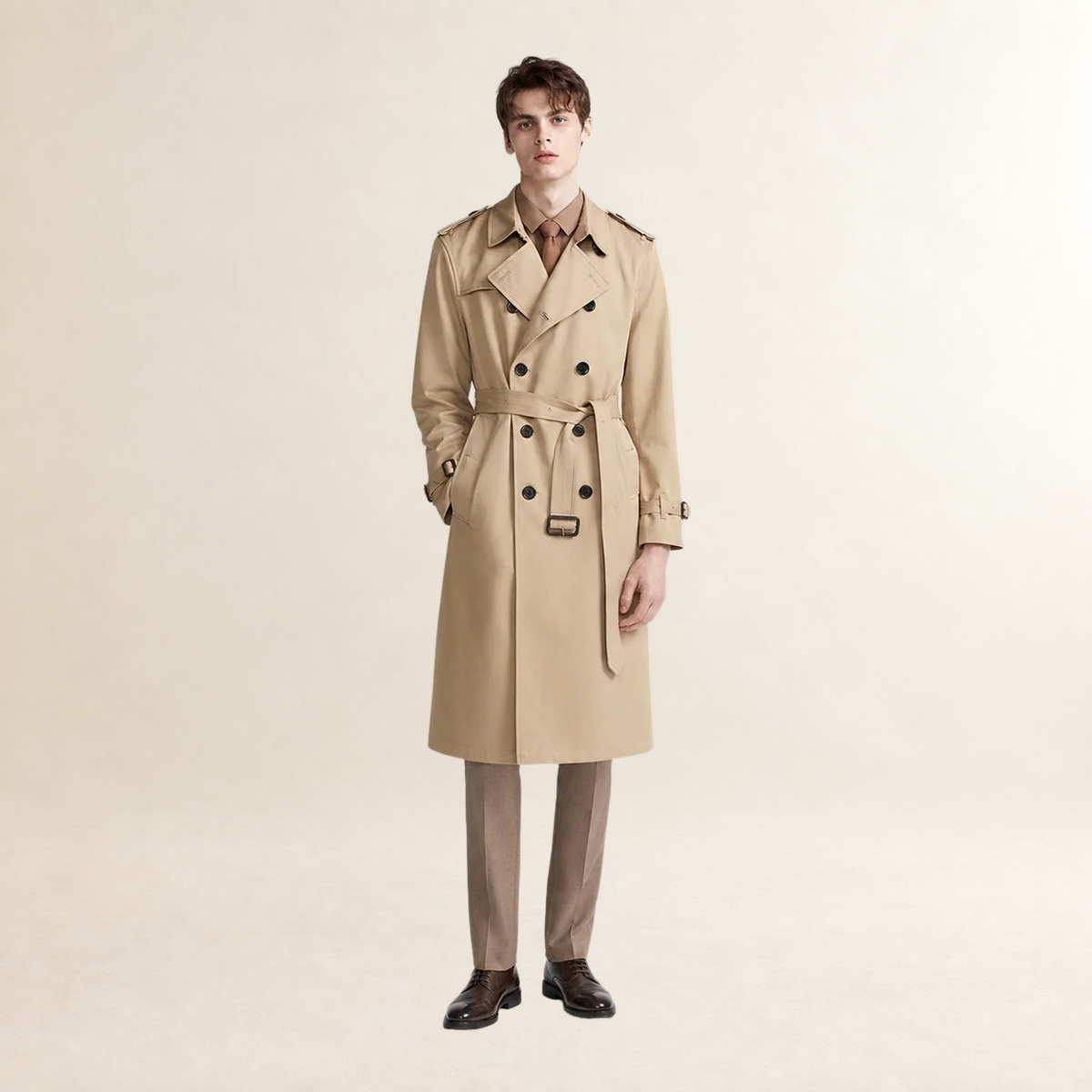 Manteau trench homme double boutonnage avec ceinture et col à revers - coupe longue