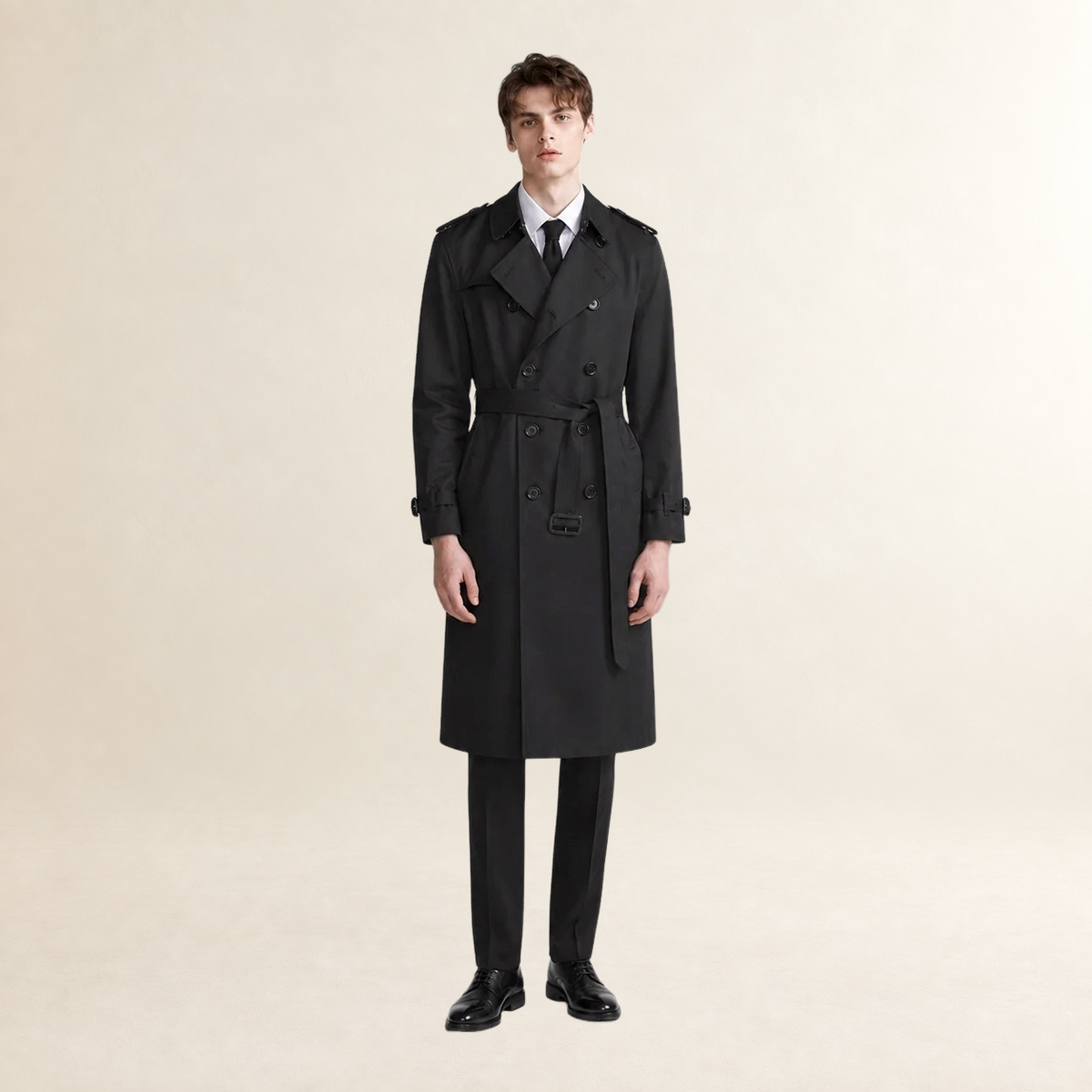 Manteau trench homme double boutonnage avec ceinture et col à revers - coupe longue
