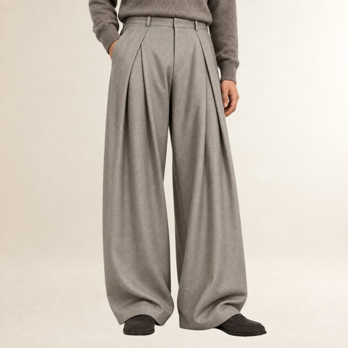 Pantalon homme coupe large à taille haute à plis plissés doublés
