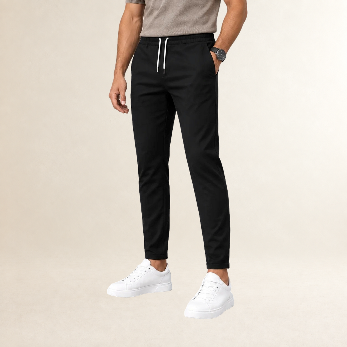 Pantalon homme coupe slim à taille ajustable avec cordon et jambes tapered