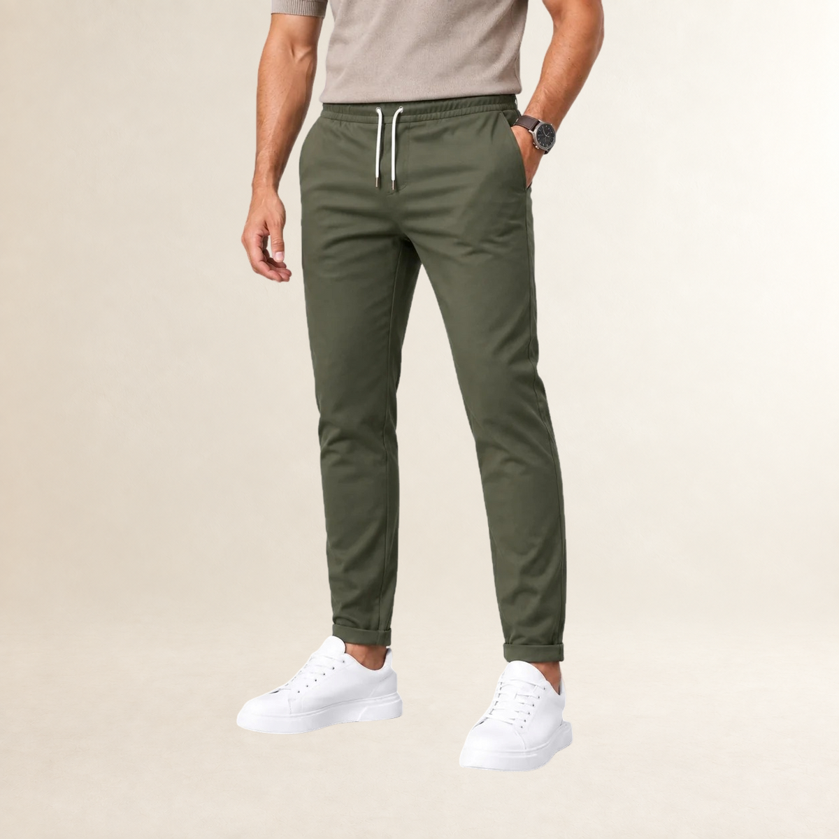 Pantalon homme coupe slim à taille ajustable avec cordon et jambes tapered