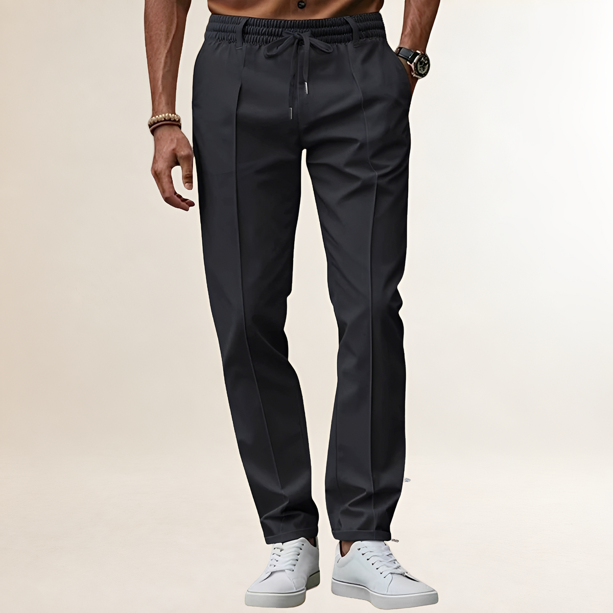Pantalon pour homme à taille élastique avec cordon de serrage et pli marqué