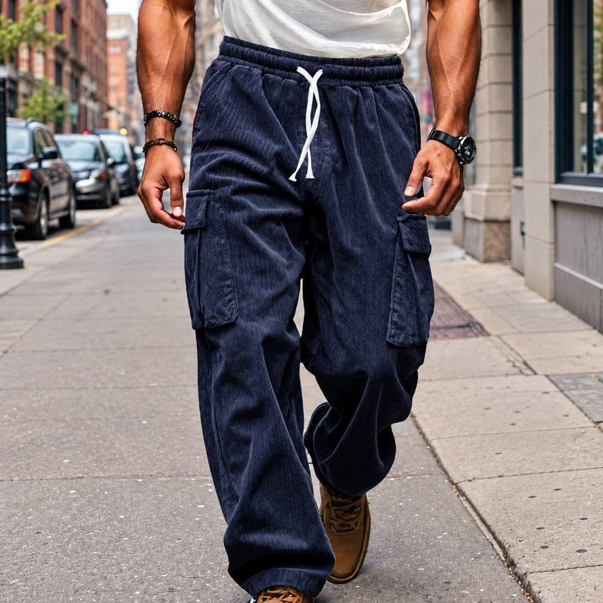 Pantalons cargo pour homme - Coupe droite avec taille élastique et cordon de serrage
