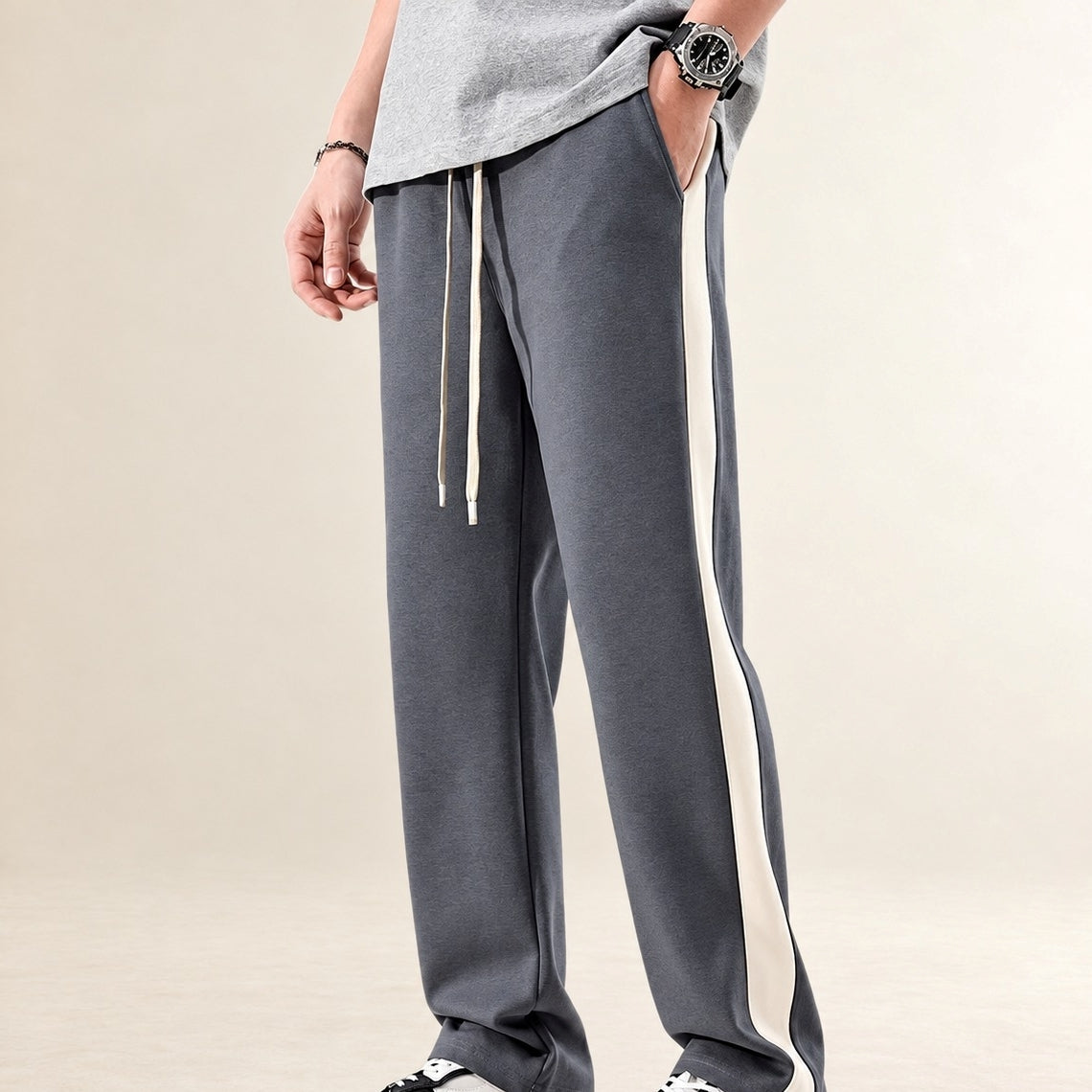 Pantalons homme à bloc de couleurs et bandes latérales coupe décontractée