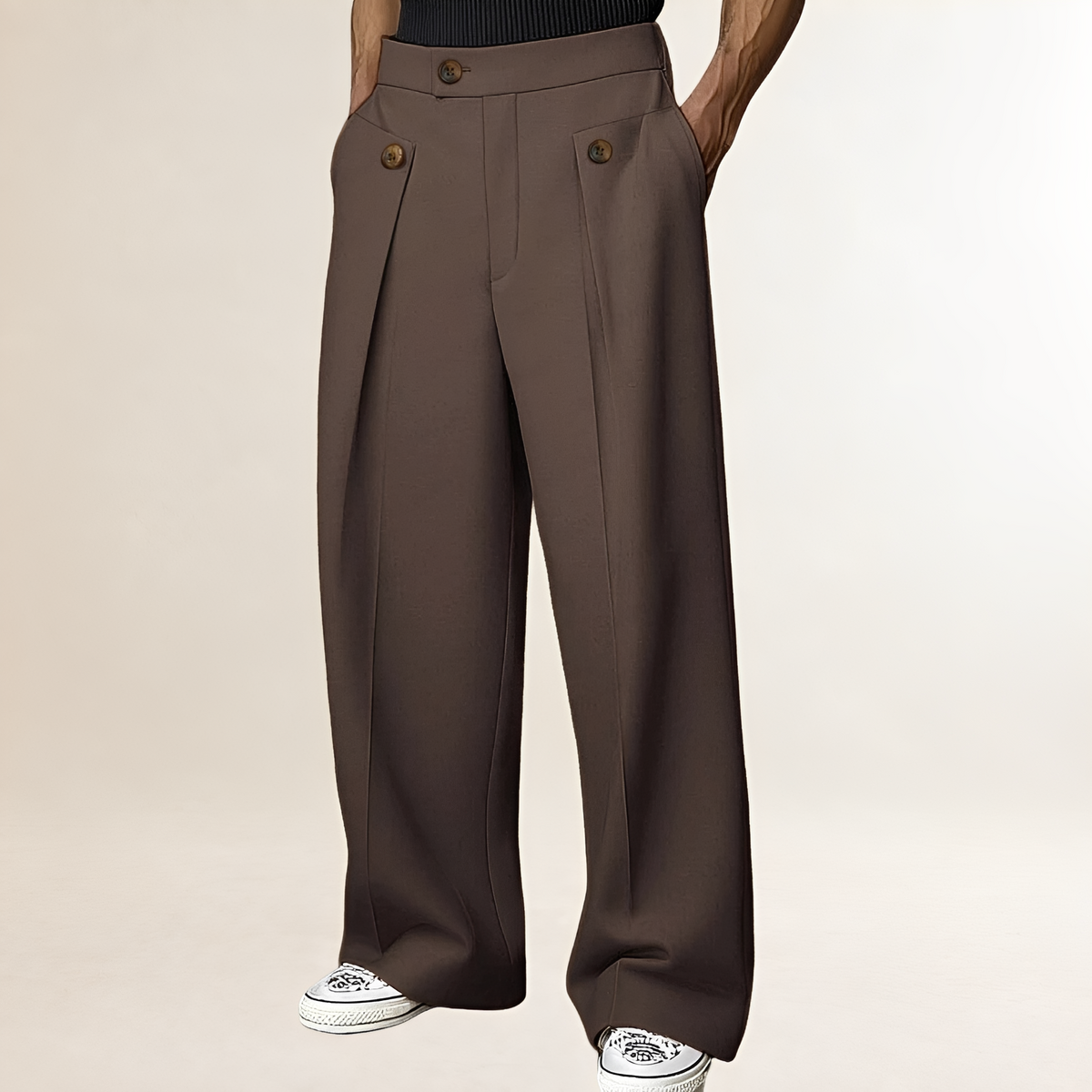 Pantalons homme à jambes larges taille haute avec bouton et plis
