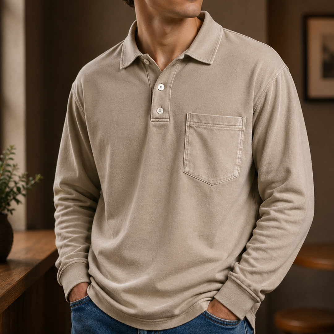Polo homme à manches longues avec bouton et poche poitrine - coupe régulière