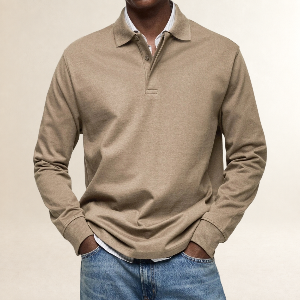 Polo homme à manches longues classique avec col boutonné et coupe décontractée