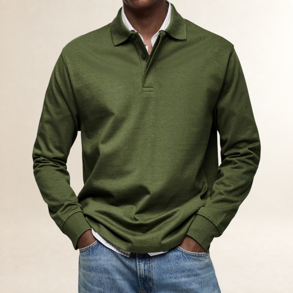 Polo homme à manches longues classique avec col boutonné et coupe décontractée