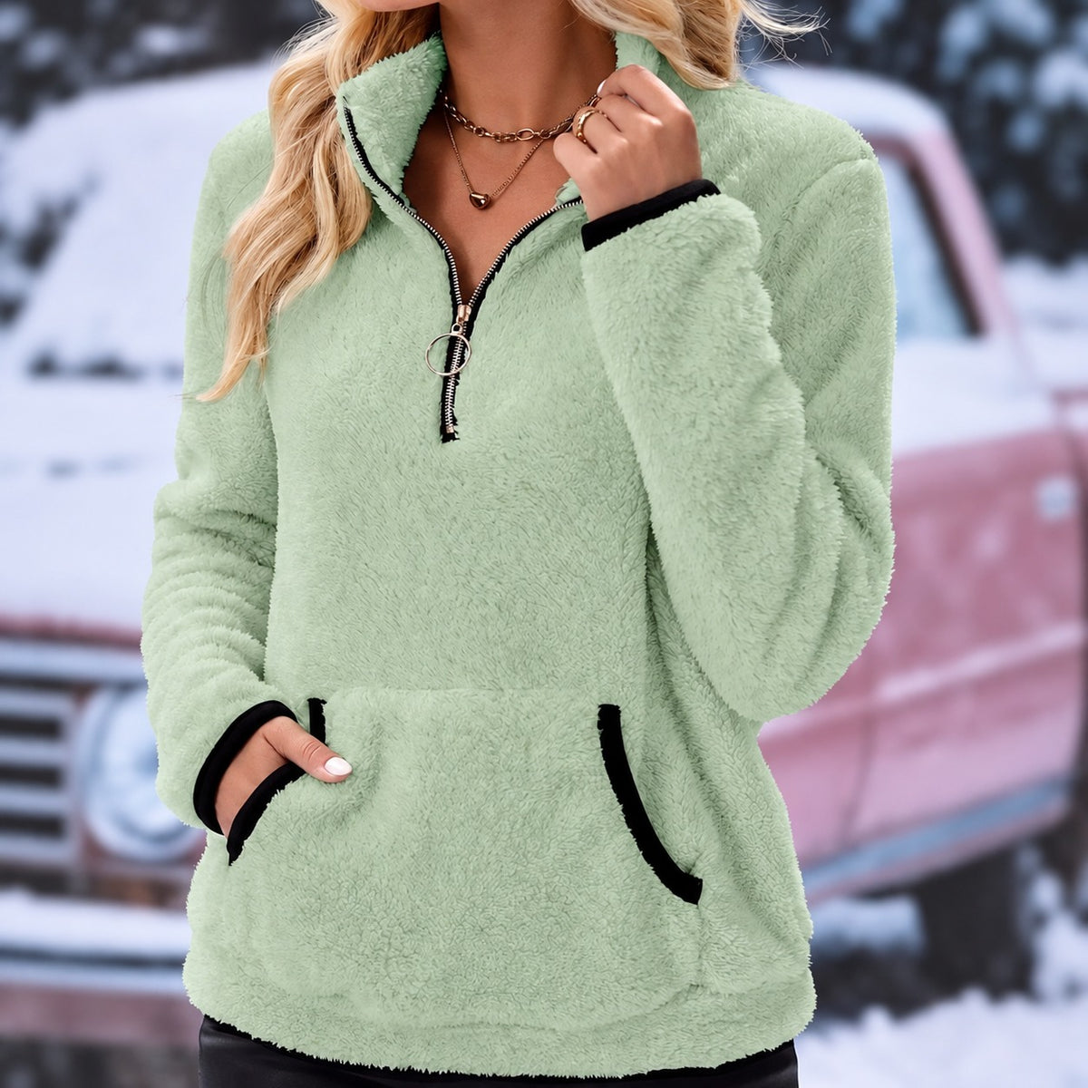 Pull à demi-zip pour femme - Poche kangourou, manches longues, coupe décontractée