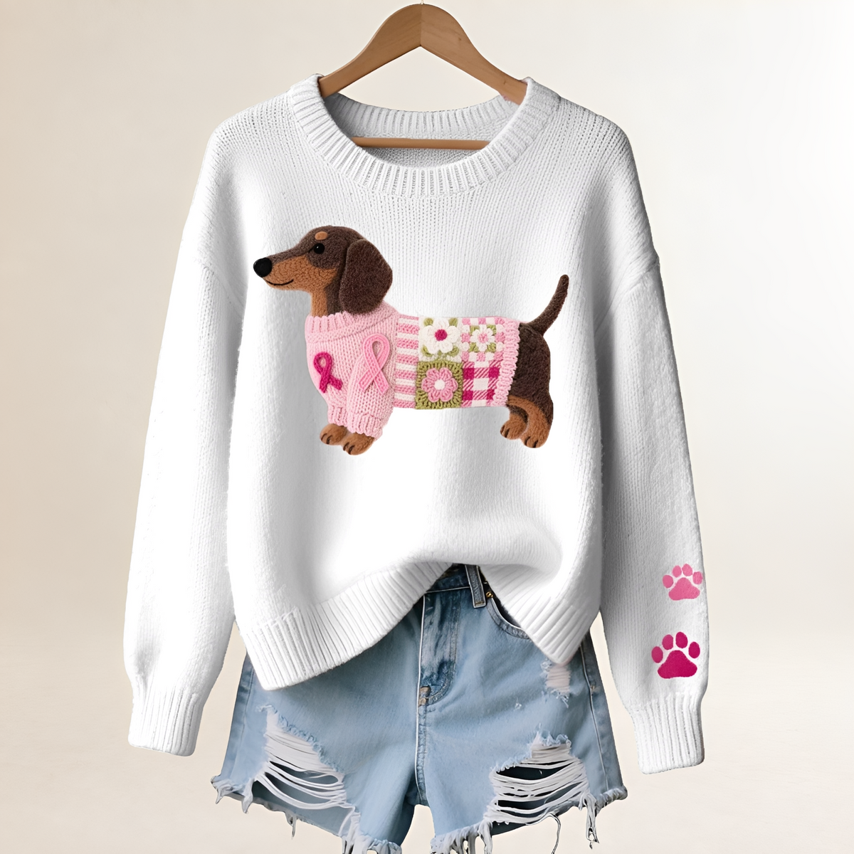 Pull femme à col en V avec motif dachshund, coupe décontractée et patchwork ludique