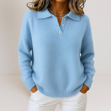 Pull femme à col polo avec boutonnière et coupe décontractée
