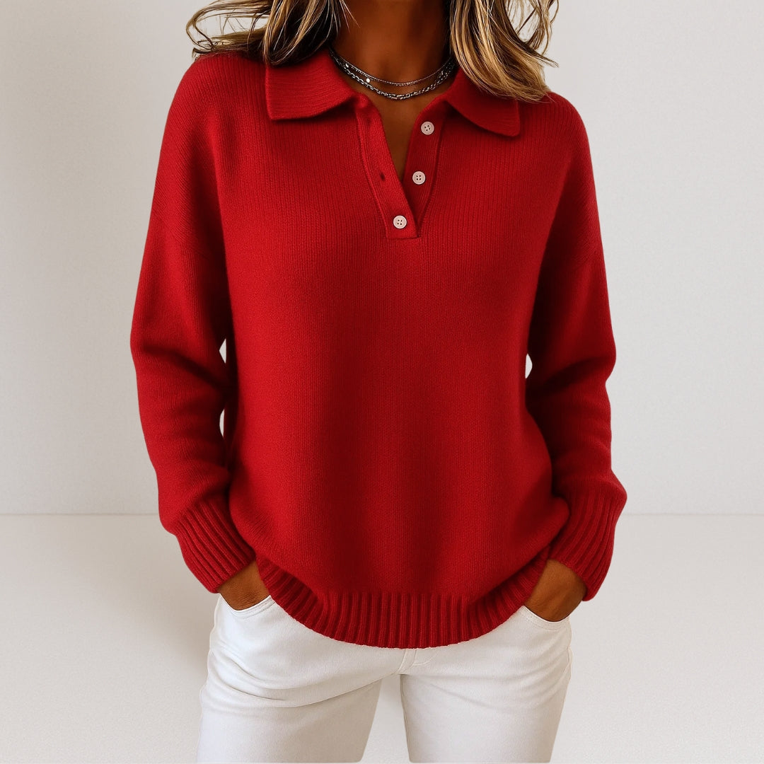 Pull femme à col polo avec boutonnière et coupe décontractée