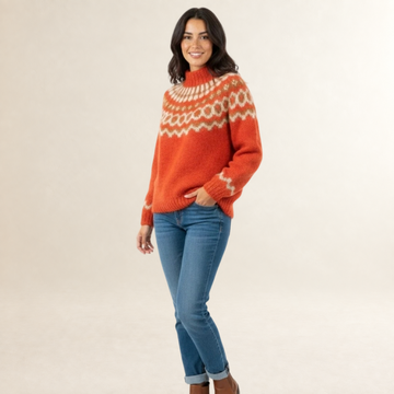 Pull femme à motif nordique col haut coupe décontractée manches longues