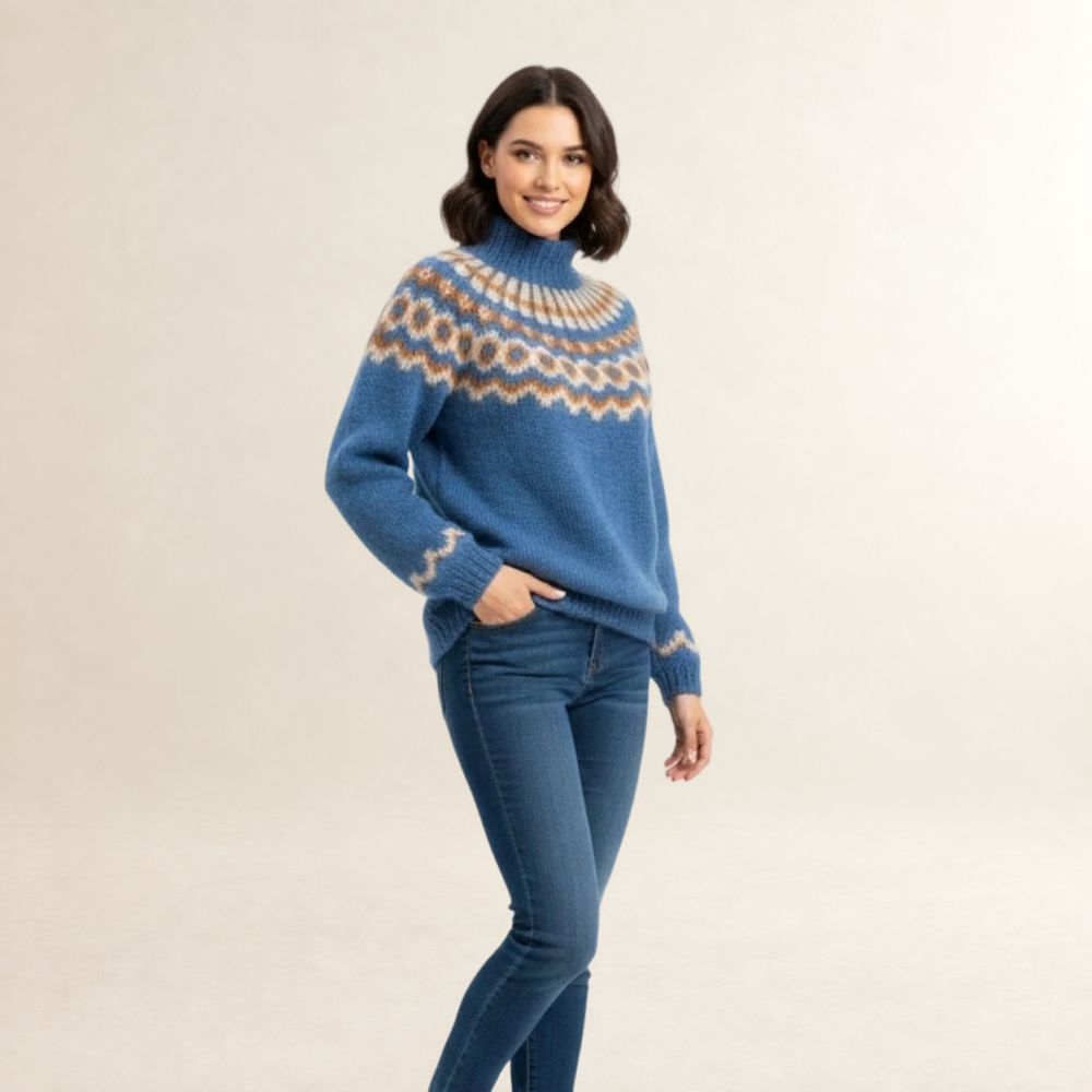 Pull femme à motif nordique col haut coupe décontractée manches longues