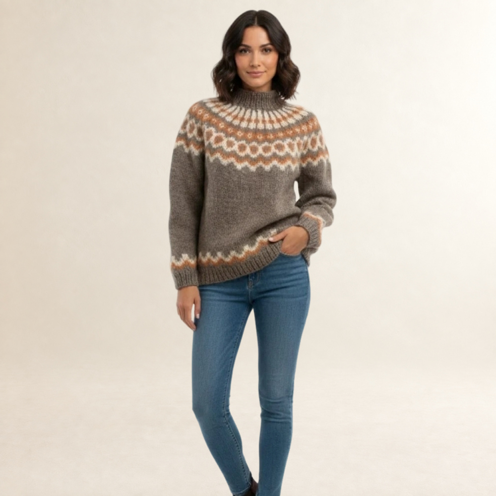 Pull femme à motif nordique col haut coupe décontractée manches longues