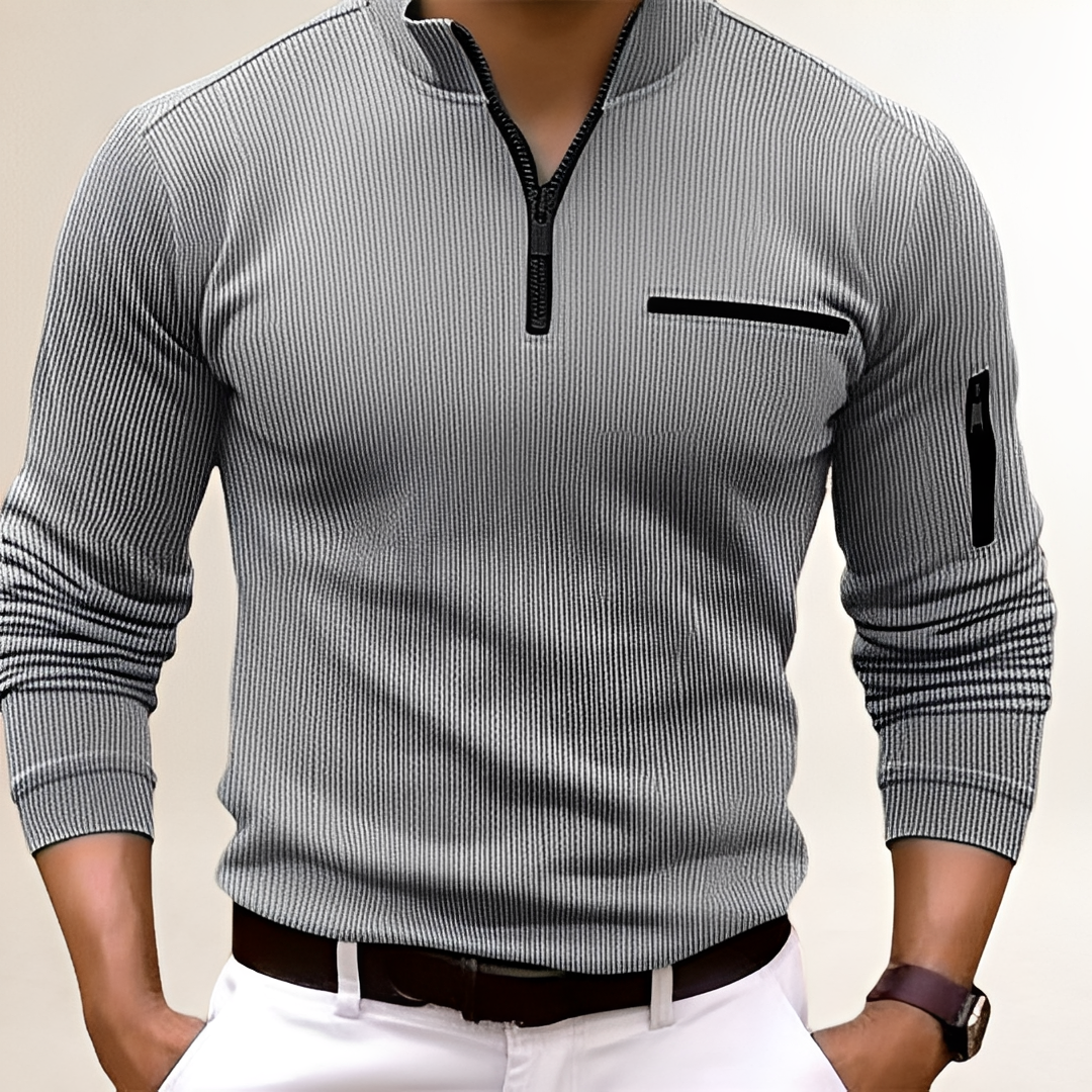 Pull homme à col zippé avec poche poitrine - design côtelé, coupe slim