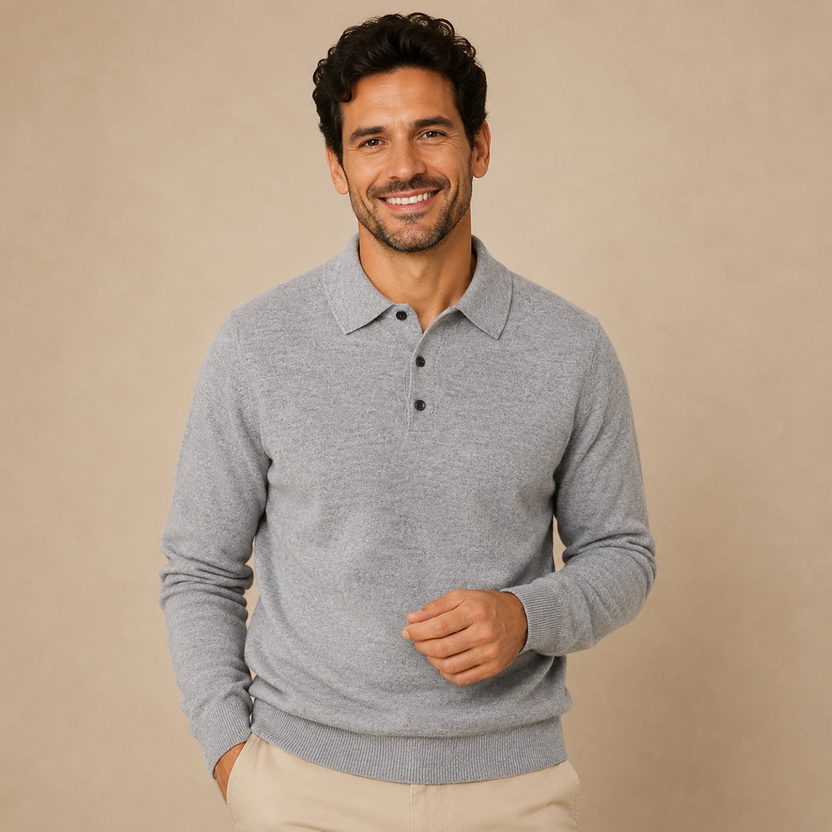 Pull homme polo à col classique, manches longues, coupe ajustée