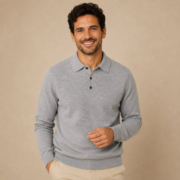Pull homme polo à col classique, manches longues, coupe ajustée