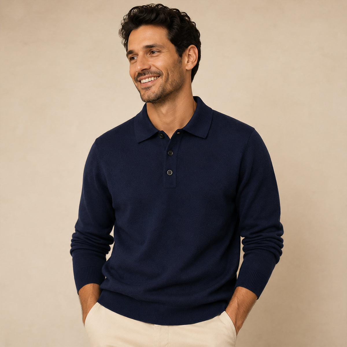 Pull homme polo à col classique, manches longues, coupe ajustée