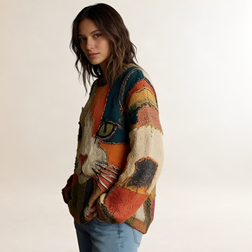Pull pour femmes motif chat artistique coupe décontractée et motif coloré