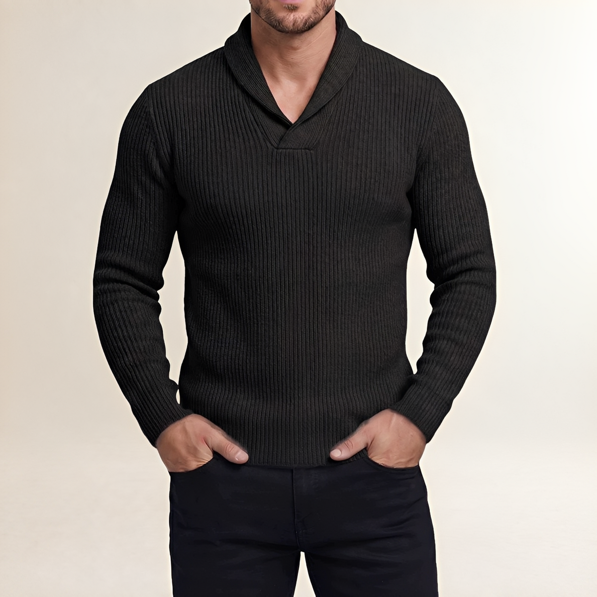 Pull pour homme - Col châle côtelé à manches longues