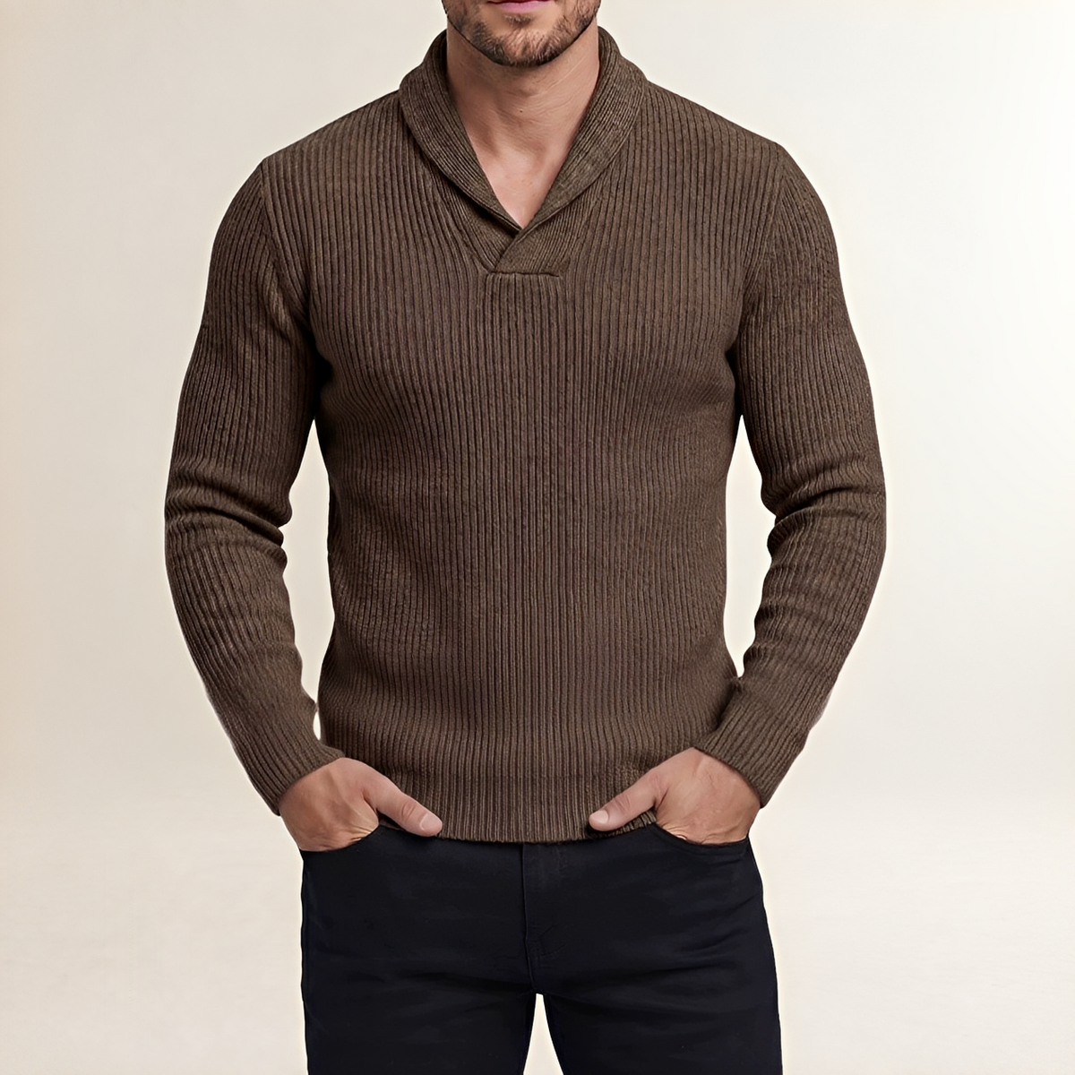 Pull pour homme - Col châle côtelé à manches longues