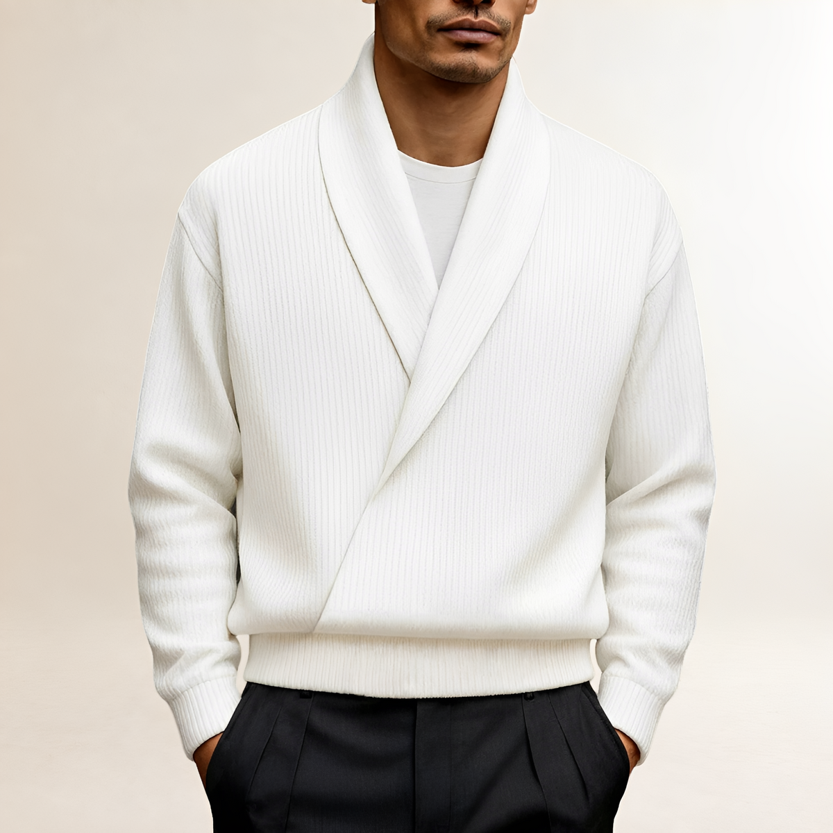 Pull pour homme - Col châle croisé avec manches longues et coupe asymétrique