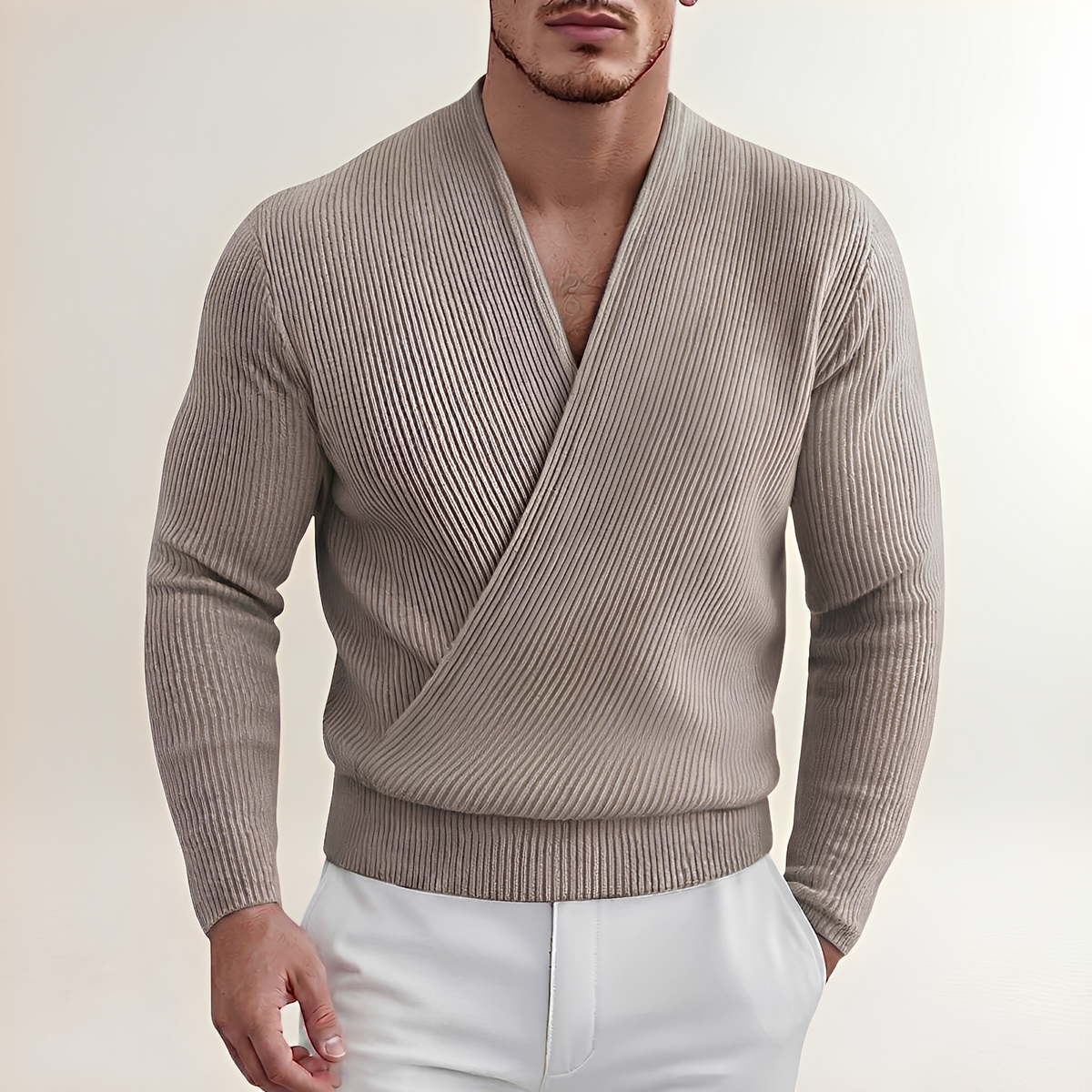 Pull pour homme - Col croisé côtelé à manches longues