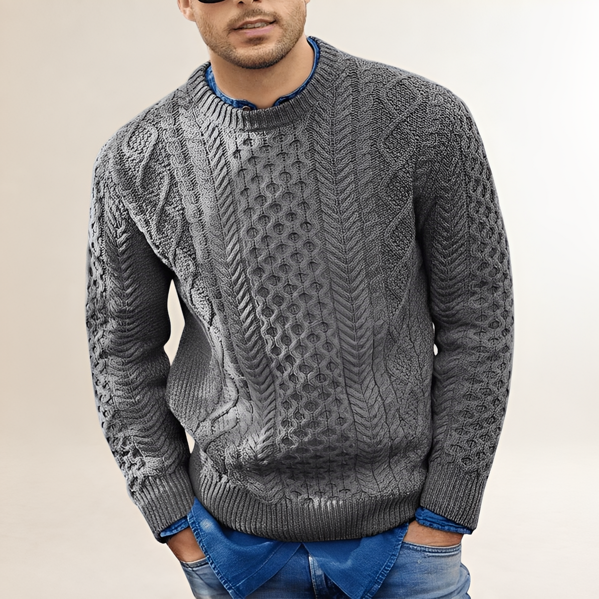 Pull pour hommes à motif texturé, col rond, coupe régulière