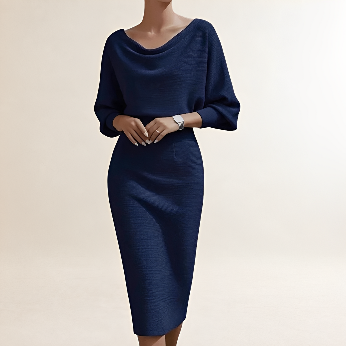 Robe midi pour femme avec col drapé, manches chauve-souris et coupe ajustée